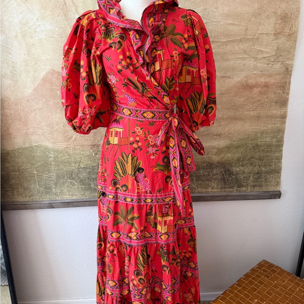 FARM Rio Red Wrap Dress with Puff Sleeves and Tiered Ruffles